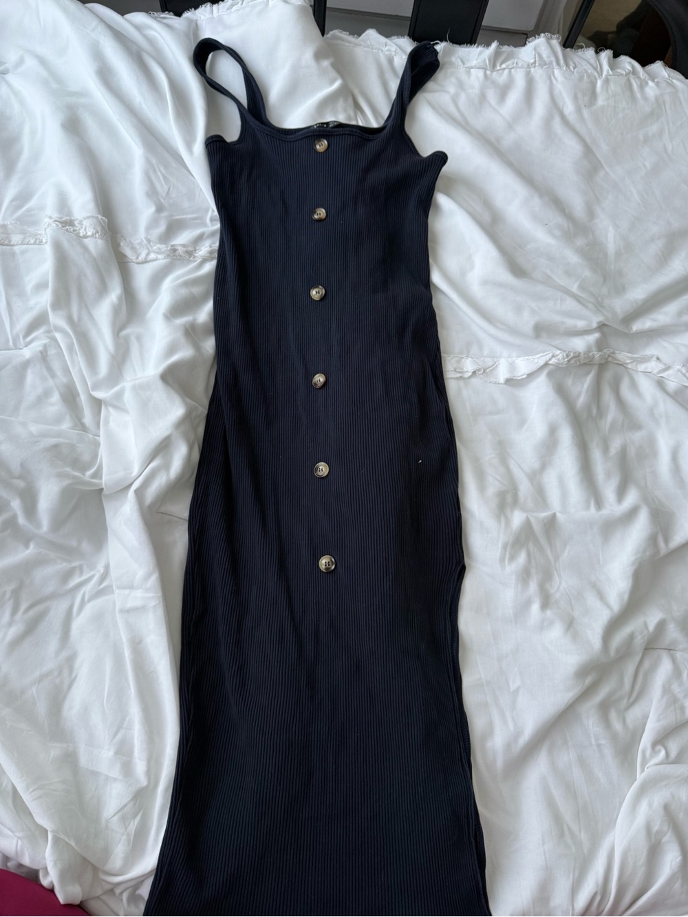 SHEIN Black Ribbed Button-Front Midi Tank Dress